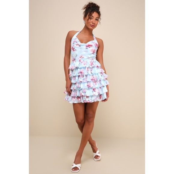 Lulu's trending adorable light blue floral tiered halter mini dress NWT Size‎ XL - Picture 1 of 5